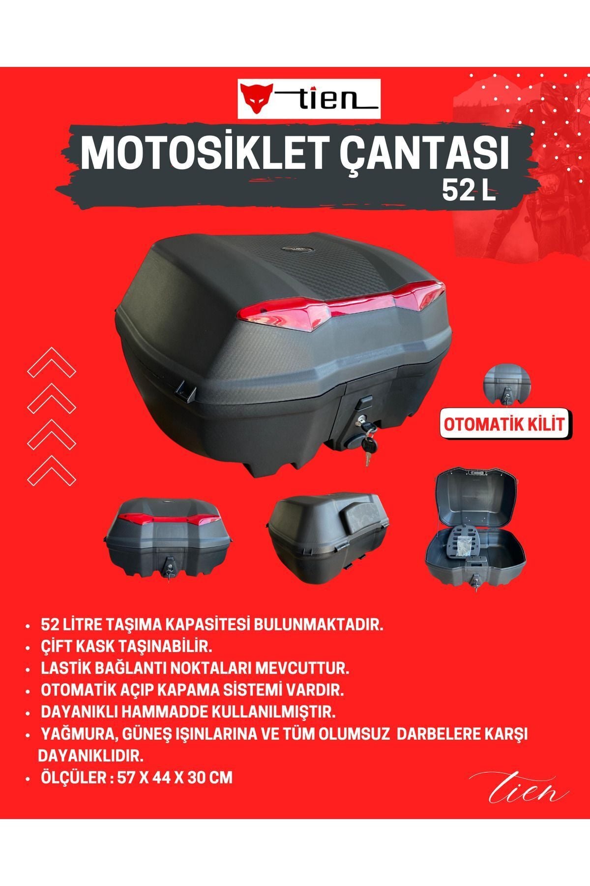 Tien 52 Litre Motosiklet Çantası - OTOMATİK KİLİT (Sırt Dayama Pedi Dahil)