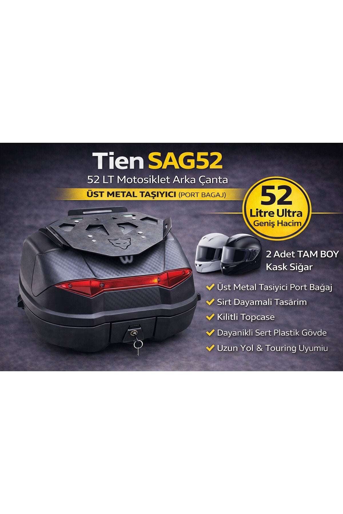 TİEN SAG52 52 LT Motosiklet Arka Çanta Üst Metal Taşıyıcılı